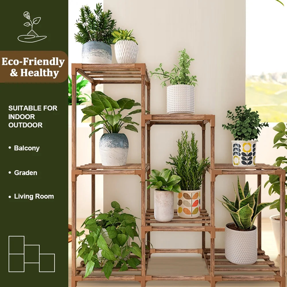 Plant Stand Indoor Three Tier Plant Shelf Outdoor Wooden & Plastic 3 Tiers Garden Flower Pot Rack for Patio Decor