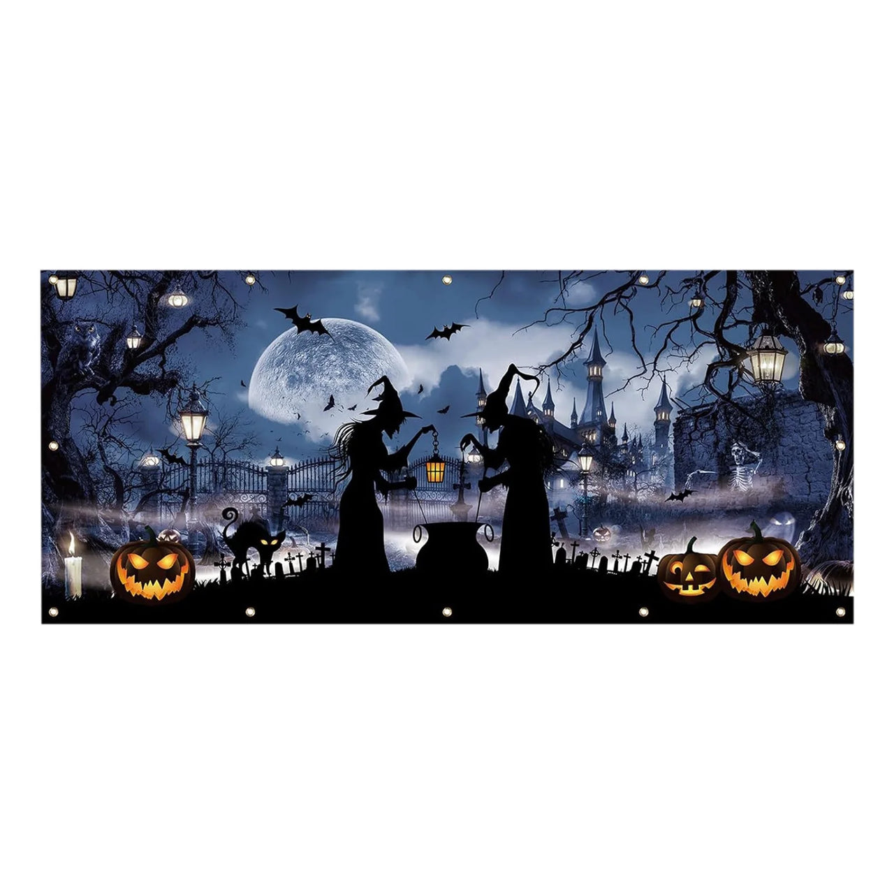 Halloween Garage Door Cover, 157.5X70.9-192X83.9 Inches, Witches & Pumpkins Design, Heavy Polyester, Perfect for Haunted Houses, Easy to Hang, Weather-Resistant