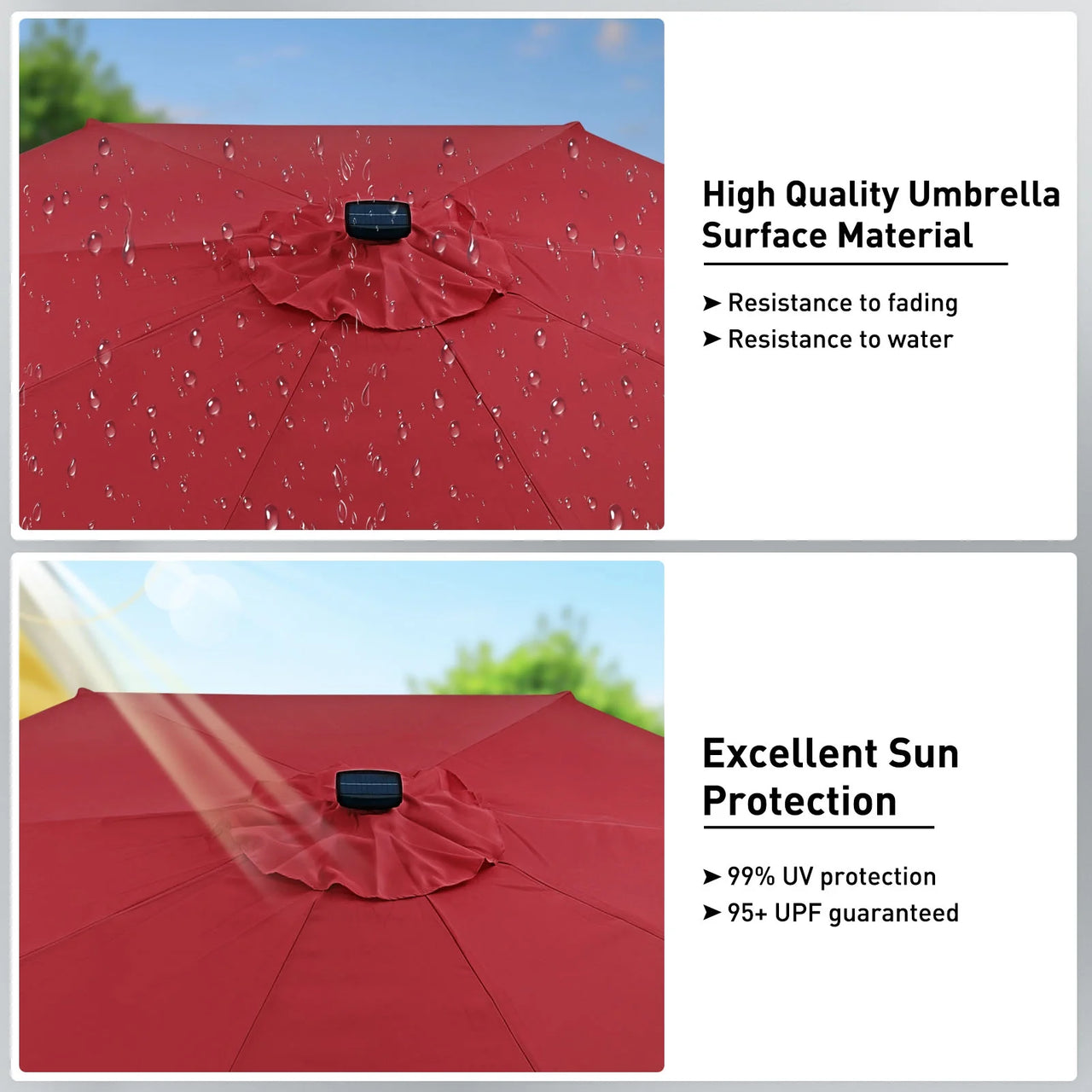 10 Ft Solar Patio Umbrellas with 8 Strip Lights for Market Outdoor Pool, Steel Tilt Crank-Red