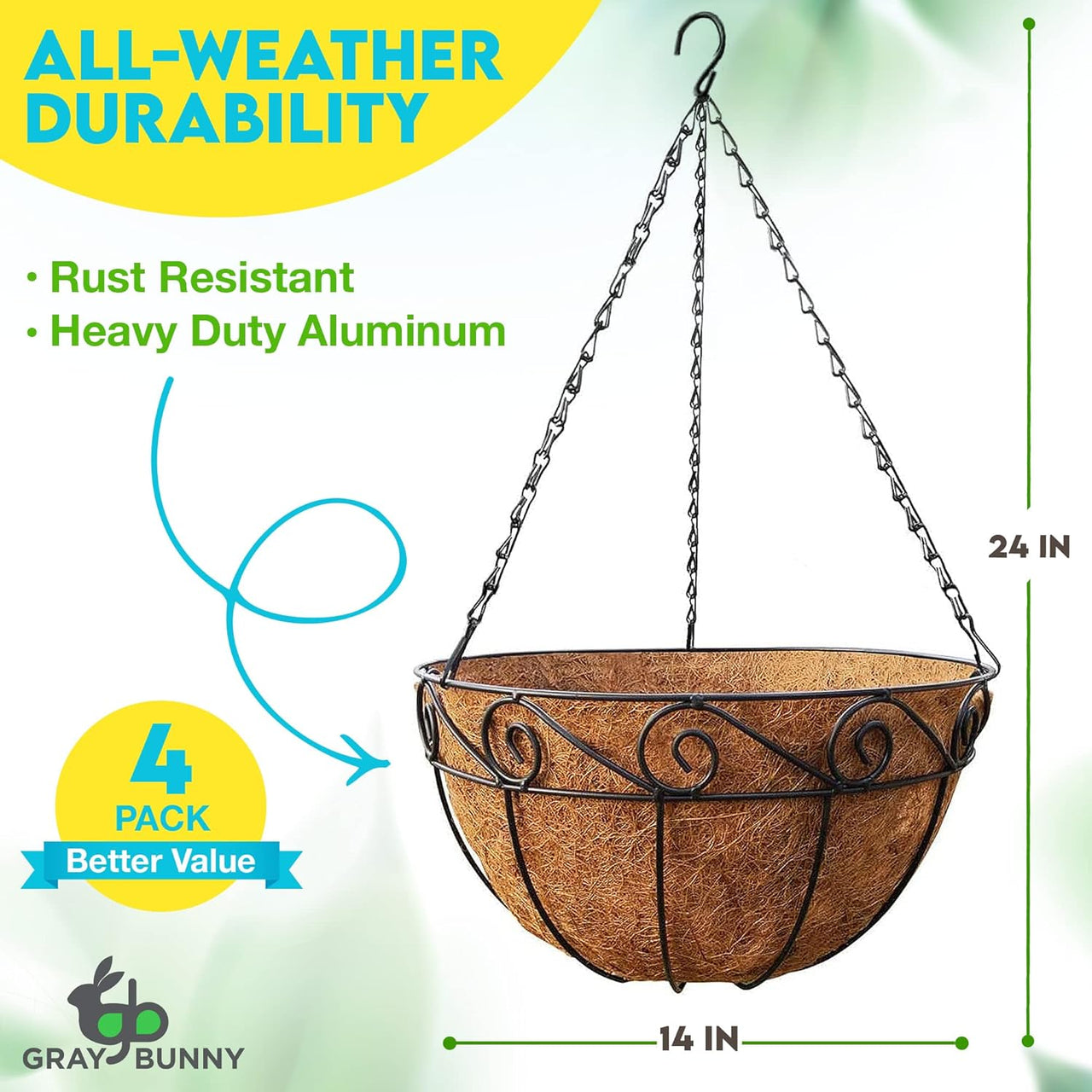 Hanging Planters for Outdoor Plants, 4 Pk, with Coco Liners 