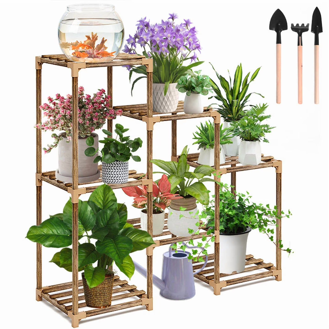 Plant Stand Indoor Three Tier Plant Shelf Outdoor Wooden & Plastic 3 Tiers Garden Flower Pot Rack for Patio Decor