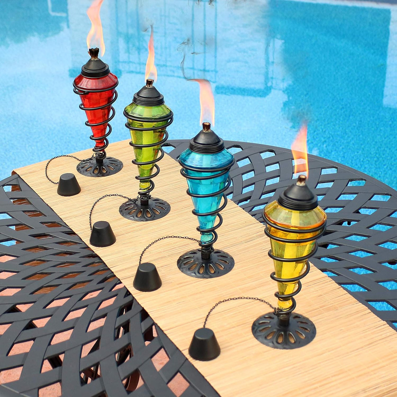 Swirling Metal/Glass Tabletop Torches - Set of 4-1 Blue, 1 Red, 1 Green and 1 Yellow