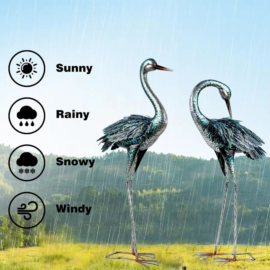 Garden Crane Statue for Outdoor Blue Heron Decoy Garden Sculptures and Statues Metal Bird Yard Art for Lawn Patio Decor Set Of