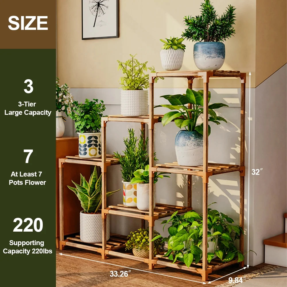 Plant Stand Indoor Three Tier Plant Shelf Outdoor Wooden & Plastic 3 Tiers Garden Flower Pot Rack for Patio Decor