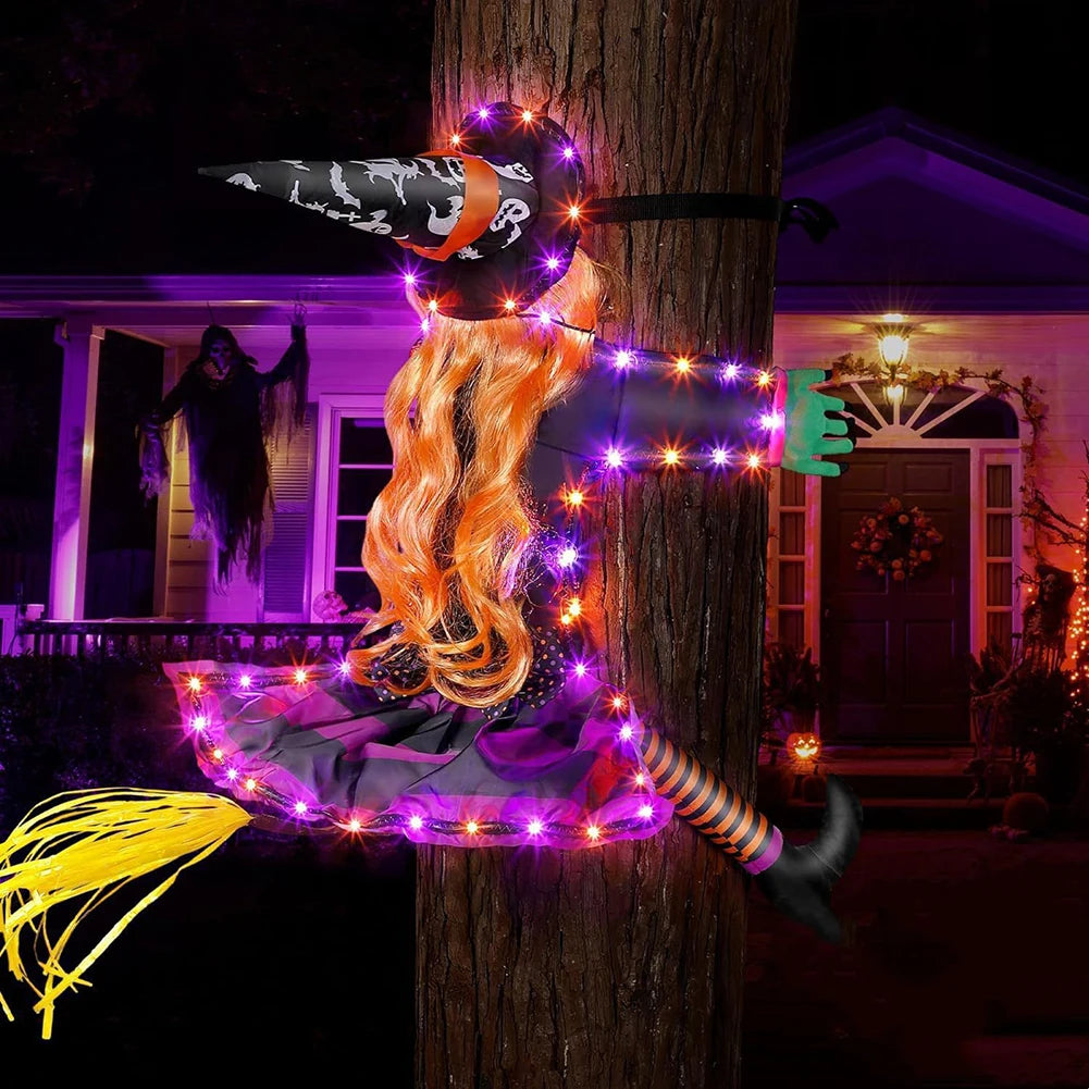 Halloween Crashing Witch into Tree Halloween Outdoor Decoration 2 Mode with Light Flying Witch Lawn Patio Tree Garden Decoration
