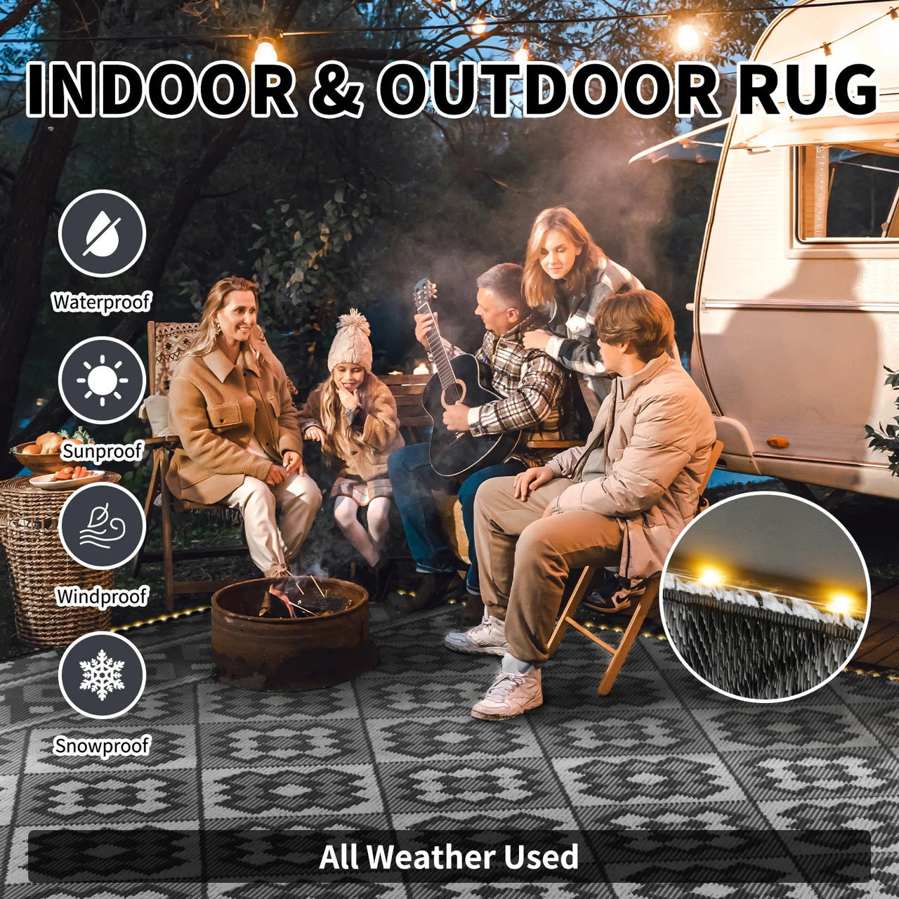 Outdoor Rug with LED Strip Light 8'X10' Waterproof Reversible Patio Rug Modern Lightweight Plastic Straw Indoor Outdoor Rug for RV Camping Deck Balcony Porch Boho Patio Decor Light Gray