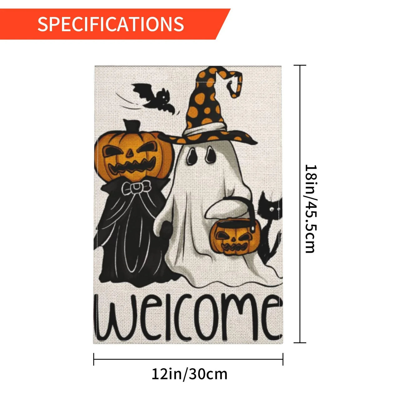 Halloween Spooky Black White Ghost Lantern Pumpkin Welcome Linen Garden Flag 12"×18" for Lawn Decor