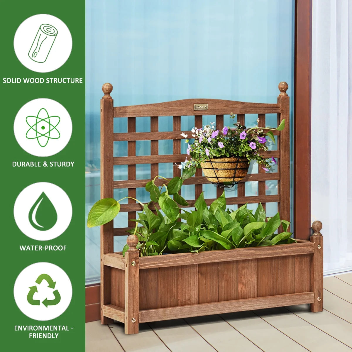 Solid Wood Planter Box with Trellis Weather-Resistant Outdoor 25''X11''X30''