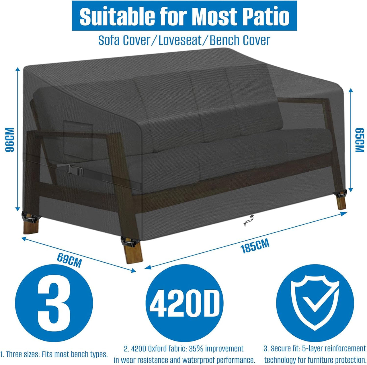 4-Seat 73" W X 27" D X 35" H Garden Patio Sofa/Loveseat/Bench Cover,Heavy Duty 420D Oxford Waterproof Outdoor Sofa Cover, Lawn Patio Furniture Covers