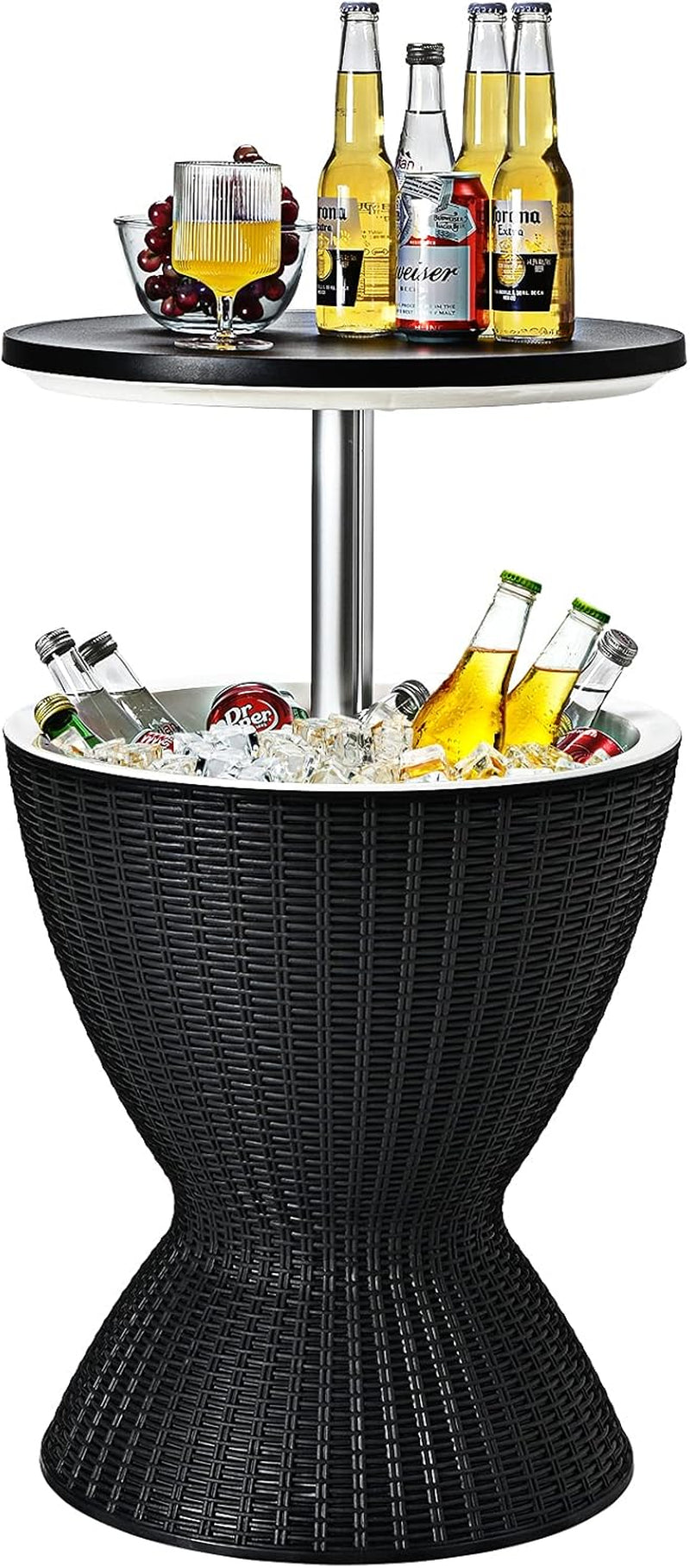 Cool Bar Table, 8 Gallon Beer and Wine Cooler, Rattan Style Outdoor Cocktail Patio Bar Tables, Height Adjustable, 3-In-1 Ice Cooler with Drainage Plug for Deck Pool Party (Black)