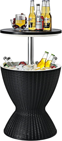 Thumbnail for Cool Bar Table, 8 Gallon Beer and Wine Cooler, Rattan Style Outdoor Cocktail Patio Bar Tables, Height Adjustable, 3-In-1 Ice Cooler with Drainage Plug for Deck Pool Party (Black)