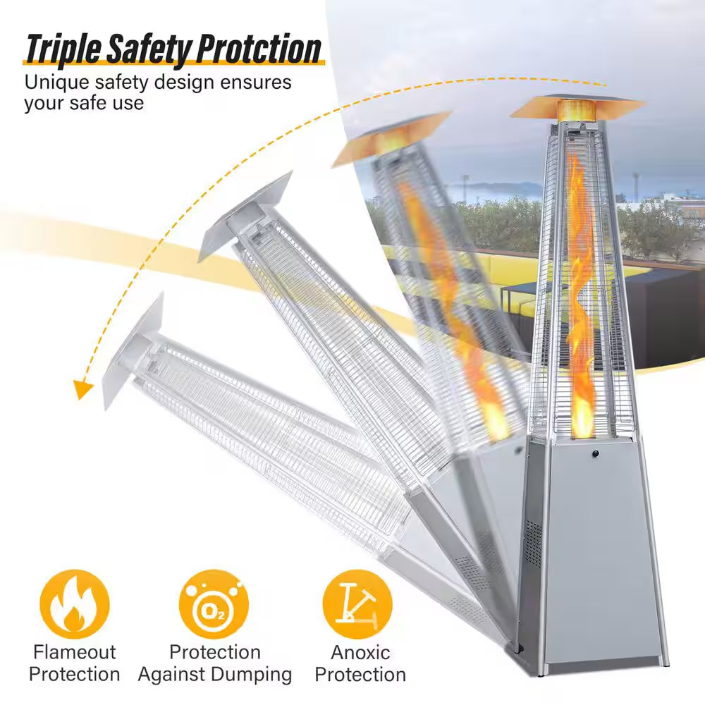 48,000 BTU Stainless Steel Pyramid Patio Flame Propane Gas Patio Heater with Wheels