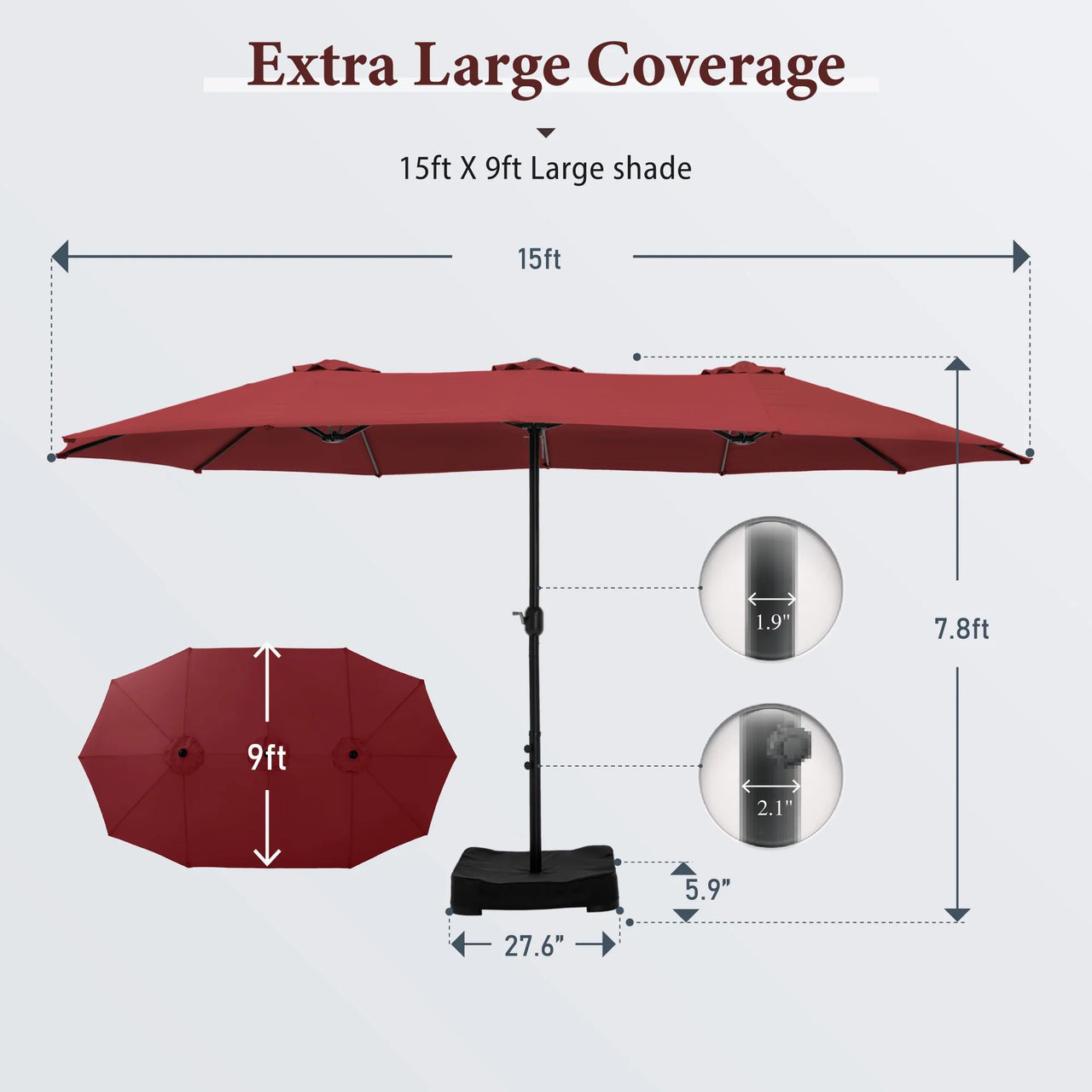 15 Ft Large Patio Umbrella with Base (Included) Double-Sided Rectangular Outdoor Deck Umbrella for outside - Burgundy
