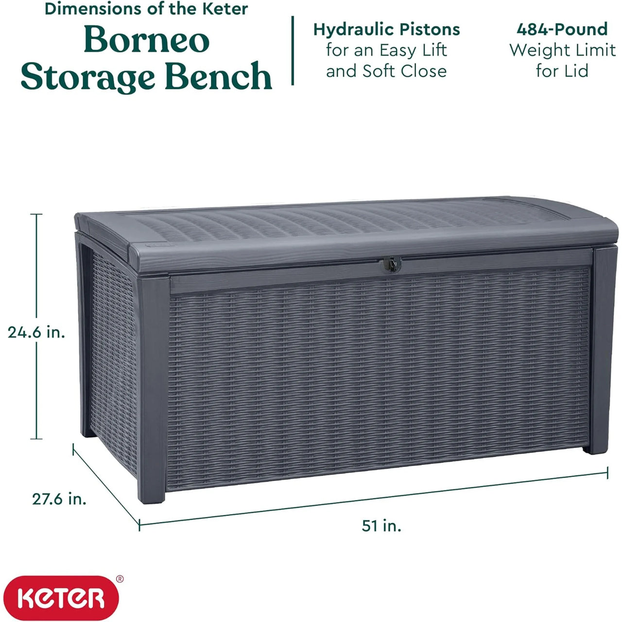 Borneo 110 Gallon Rattan Plastic Outdoor Storage Deck Box Bench, Grey