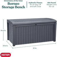 Thumbnail for Borneo 110 Gallon Rattan Plastic Outdoor Storage Deck Box Bench, Grey