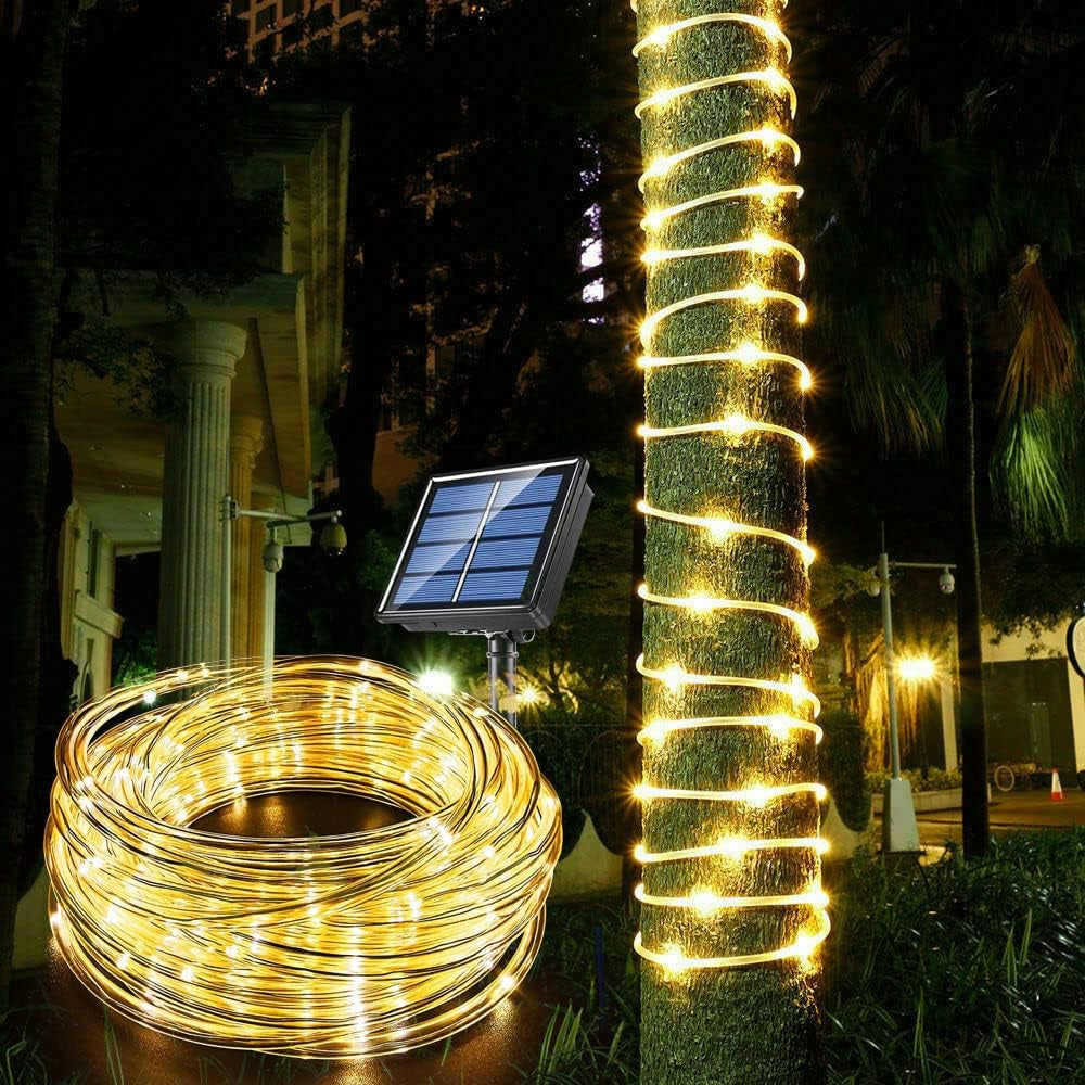 Solar Rope Light 33FT 100L IP65 Weatherproof Outdoor LED Copper Fairy String Tube Lights for Party Garden Porch Yard Home Wedding Vacation Daily Holiday Tree Decoration Lighting (Warm White)