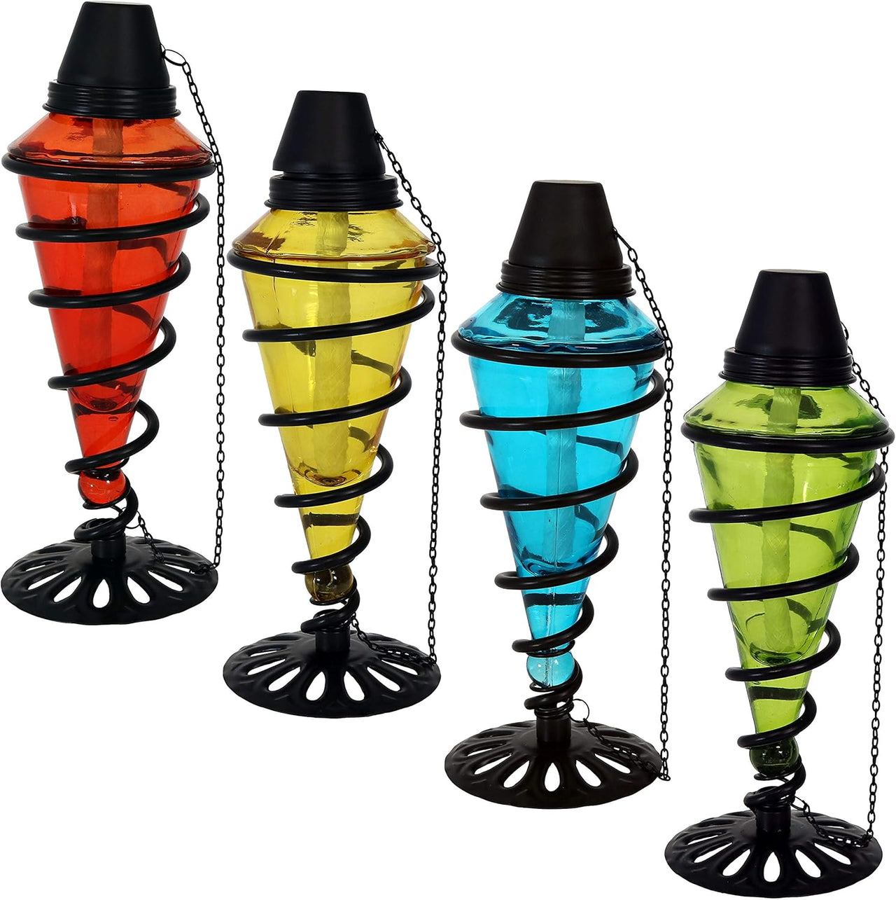 Swirling Metal/Glass Tabletop Torches - Set of 4-1 Blue, 1 Red, 1 Green and 1 Yellow