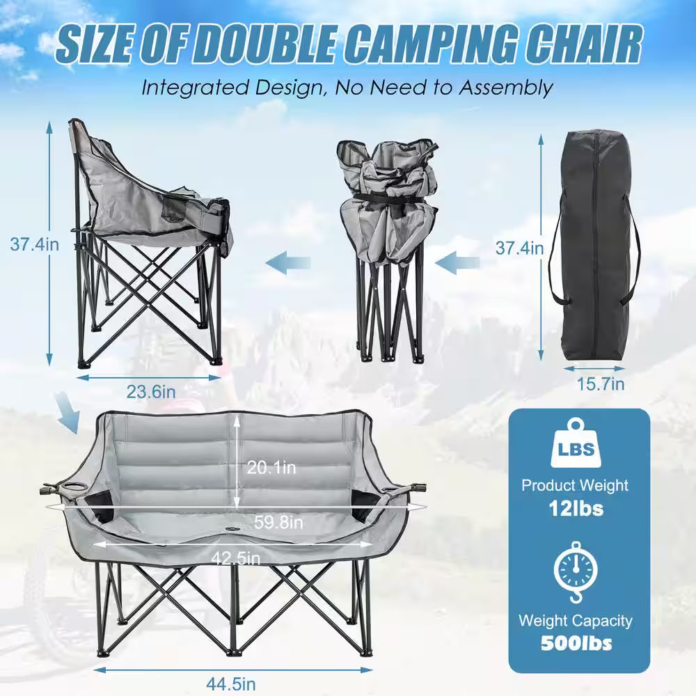 XXXL Oversized 2 Person Fully Padded Camping Chair Heavy Duty Portable Folding Lawn Chair Patio Chair 600 Lbs. Capacity