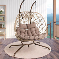 Thumbnail for Outdoor Egg Swing Chair with Stand, 2 Person Patio Swing Chairs with Thick Cushions and Pillows, Wicker Double Egg Chair Swing