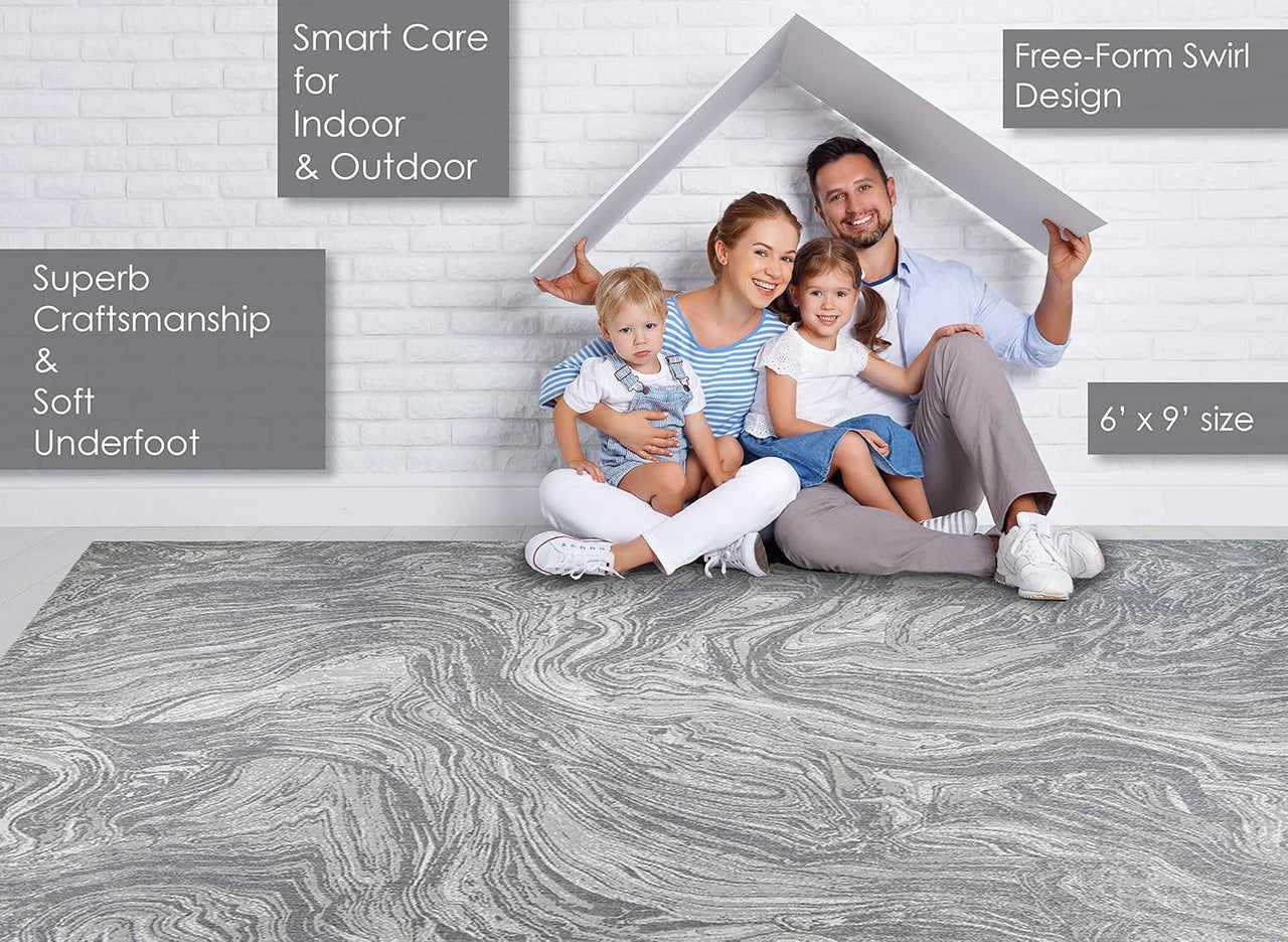 Indoor Outdoor Area Rug, Classic Flatweave, Washable, Stain & UV Resistant Carpet, Deck, Patio, Poolside & Mudroom, 6X9 Ft Medium, Abstract Ocean Current, Grey Cream