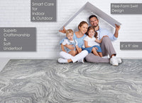 Thumbnail for Indoor Outdoor Area Rug, Classic Flatweave, Washable, Stain & UV Resistant Carpet, Deck, Patio, Poolside & Mudroom, 6X9 Ft Medium, Abstract Ocean Current, Grey Cream