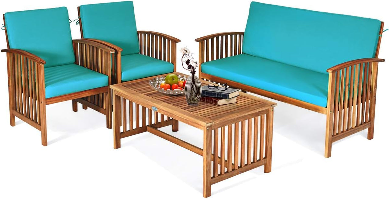 Outdoor Acacia Wood Sofa Set W/Water Resistant Cushions 