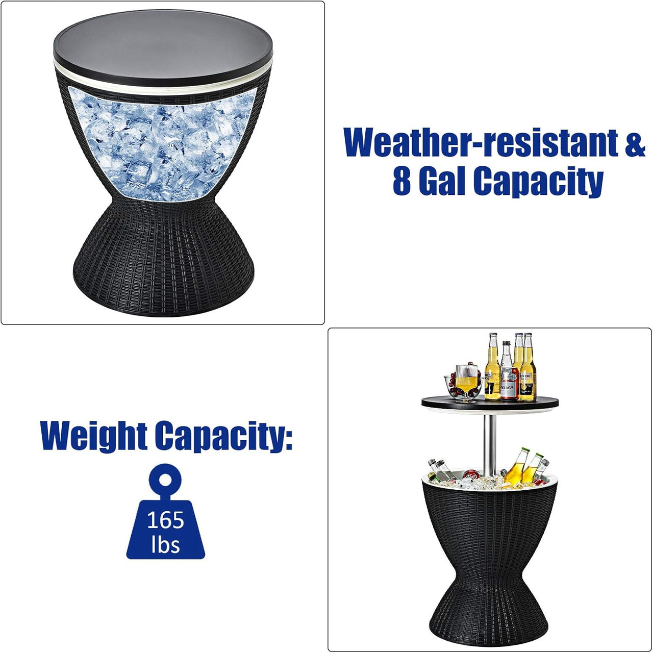 Cool Bar Table, 8 Gallon Beer and Wine Cooler, Rattan Style Outdoor Cocktail Patio Bar Tables, Height Adjustable, 3-In-1 Ice Cooler with Drainage Plug for Deck Pool Party (Black)