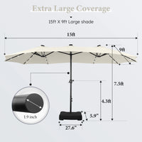 Thumbnail for 15Ft Double-Sided Solar Patio Umbrella with Base (Included) Large Outdoor Umbrella with Solar Lights - Ivory