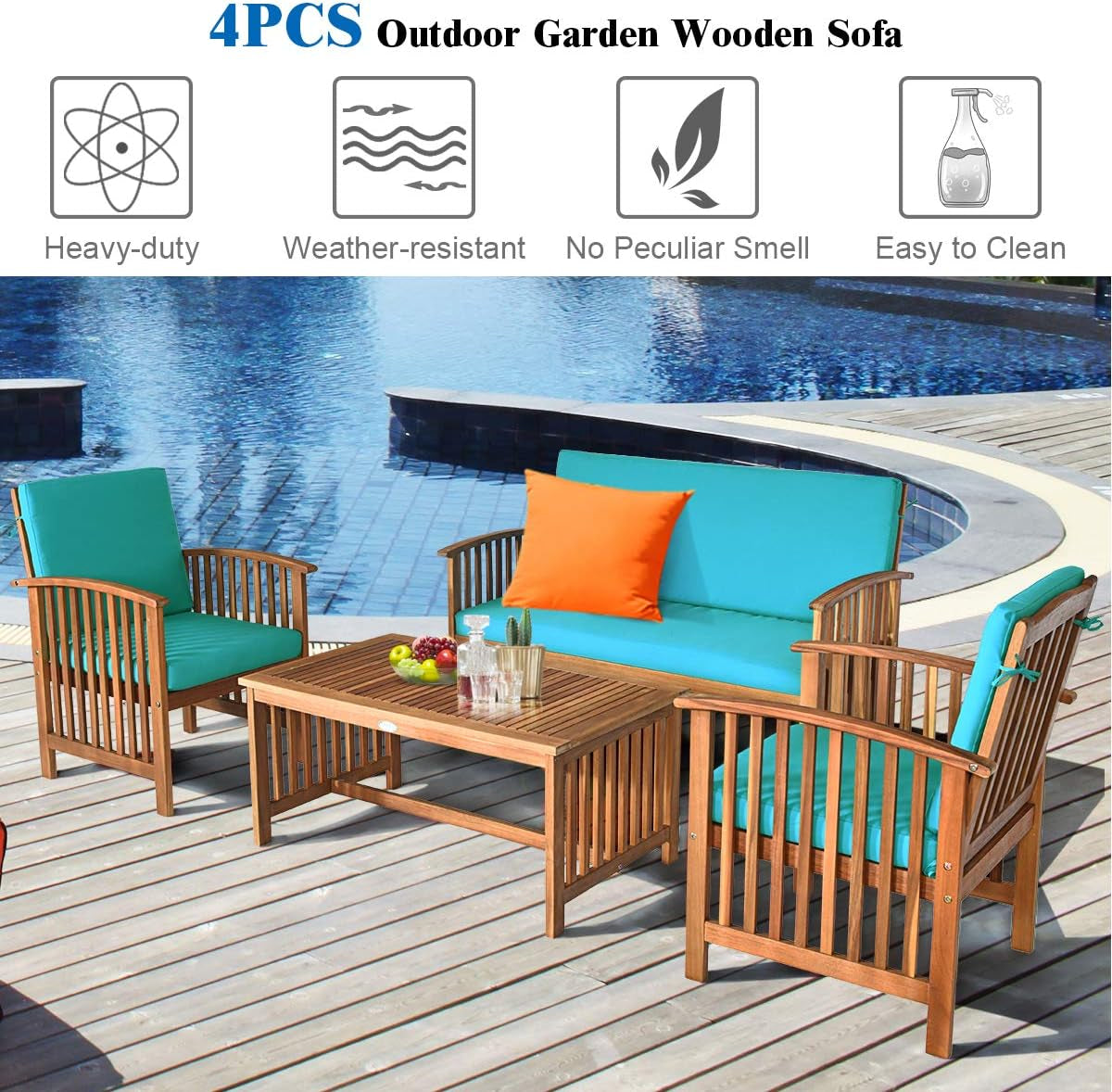 Outdoor Acacia Wood Sofa Set W/Water Resistant Cushions 