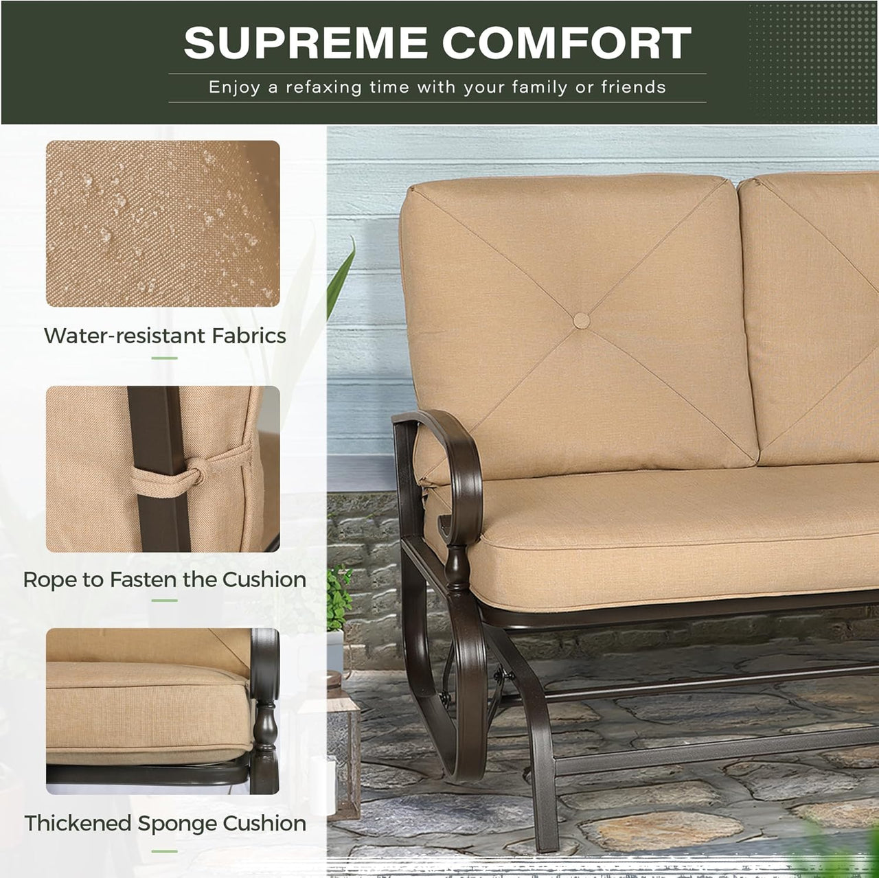Outdoor Patio Glider Chair, Rocking Glider Bench for 2 Person, Porch Furniture Loveseat Seating, Wrought Iron Patio Gliders for Outside, Porch, Garden(Brown)