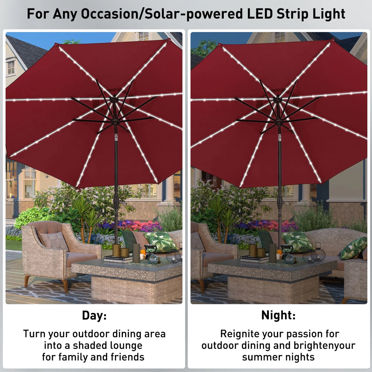 10 Ft Solar Patio Umbrellas with 8 Strip Lights for Market Outdoor Pool, Steel Tilt Crank-Red
