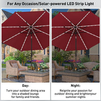 Thumbnail for 10 Ft Solar Patio Umbrellas with 8 Strip Lights for Market Outdoor Pool, Steel Tilt Crank-Red