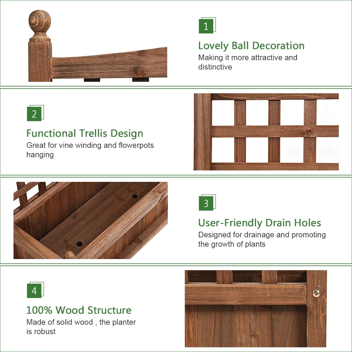Solid Wood Planter Box with Trellis Weather-Resistant Outdoor 25''X11''X30''