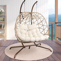 Thumbnail for Outdoor Egg Swing Chair with Stand, 2 Person Patio Swing Chairs with Thick Cushions and Pillows, Wicker Double Egg Chair Swing