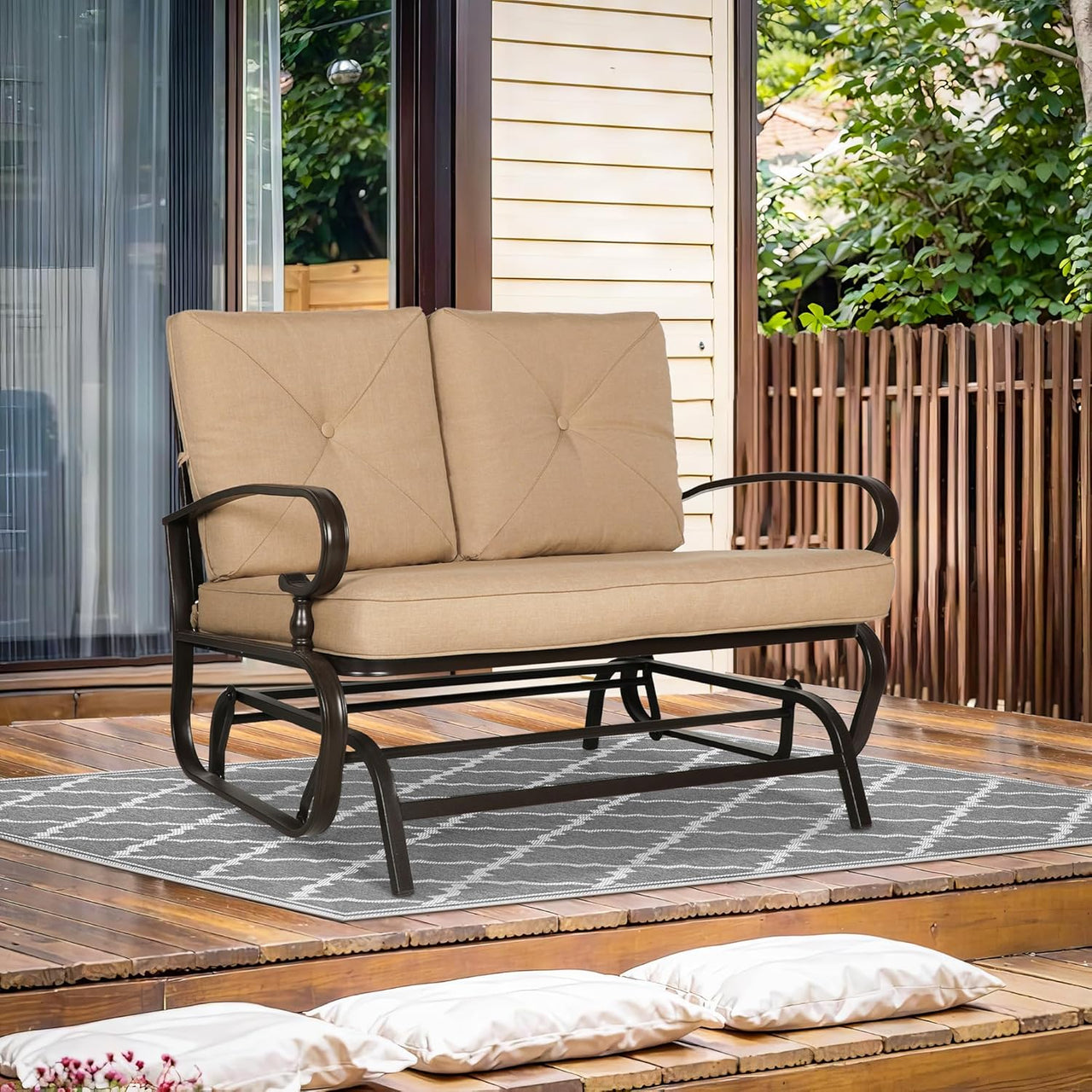Outdoor Patio Glider Chair, Rocking Glider Bench for 2 Person, Porch Furniture Loveseat Seating, Wrought Iron Patio Gliders for Outside, Porch, Garden(Brown)
