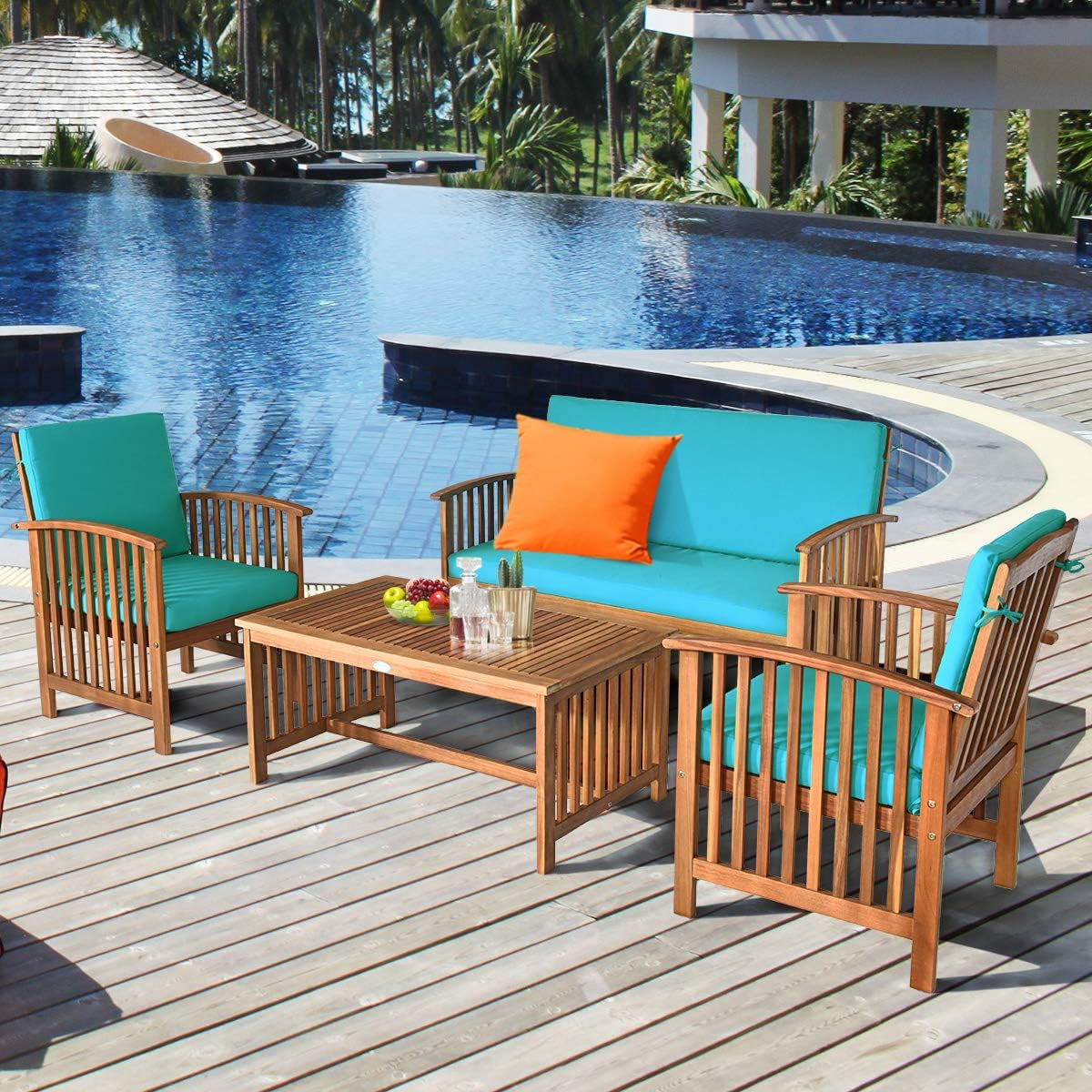 Outdoor Acacia Wood Sofa Set W/Water Resistant Cushions 