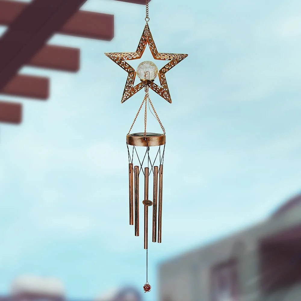 Solar Star Wind Chimes - Cracked Glass Balls, Outdoor Garden Chandeliers with Warm LED Light