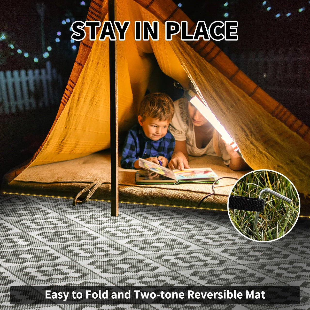 Outdoor Rug with LED Strip Light 8'X10' Waterproof Reversible Patio Rug Modern Lightweight Plastic Straw Indoor Outdoor Rug for RV Camping Deck Balcony Porch Boho Patio Decor Light Gray